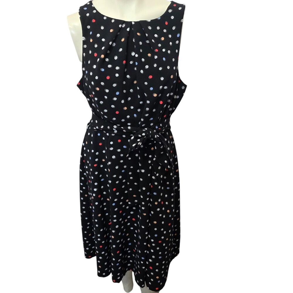 Elle Black Polka Dot Sleeveless Fit Flare Belted Midi Dress Women’s Large